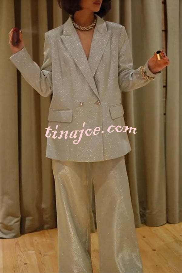 Holiday Queen Glitter Fabric Lapel Boyfriend Blazer and Pocketed Wide Leg Pants Set