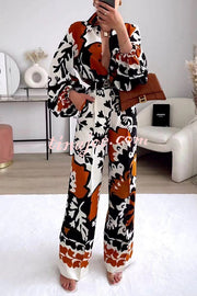 Belt Irregular Print Pocket Long Sleeve Top Trousers Set