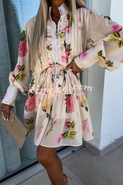 Sunset and Dreams Floral Print Subtle Tuck Lantern Sleeve Belt Mini Dress