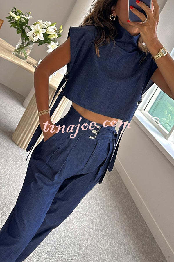 Posie High Neck Side Straps Top and Cargo Belt Pocketed Pants Set