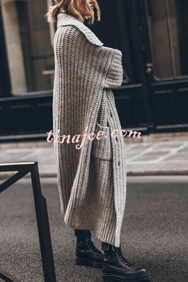 Chunky and Warm Knit Button Pocketed Oversized Midi Cardigan