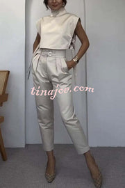 Posie High Neck Side Straps Top and Cargo Belt Pocketed Pants Set