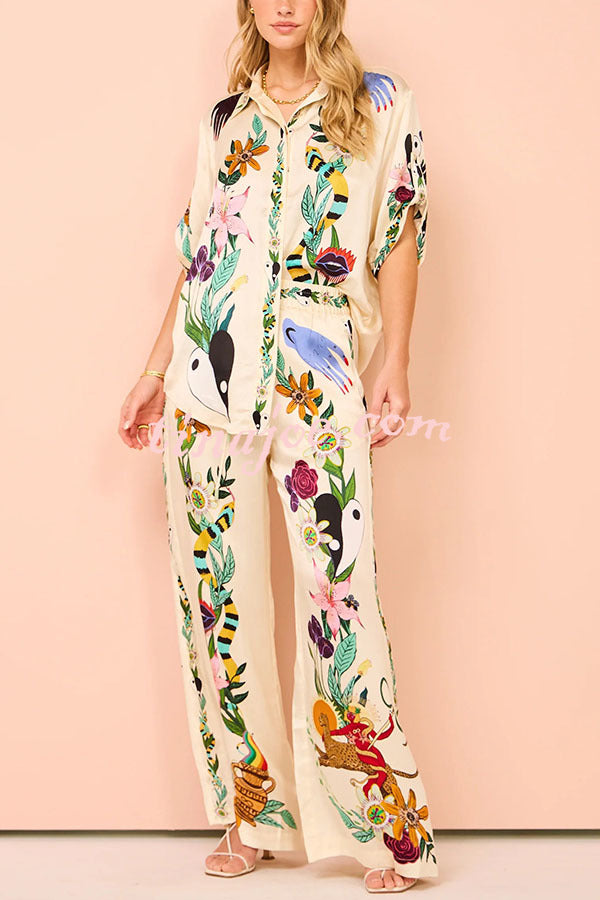 Claire Satin Unique Print Elastic Waist Pocketed Wide Leg Pants