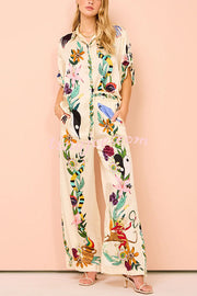 Claire Satin Unique Print Elastic Waist Pocketed Wide Leg Pants