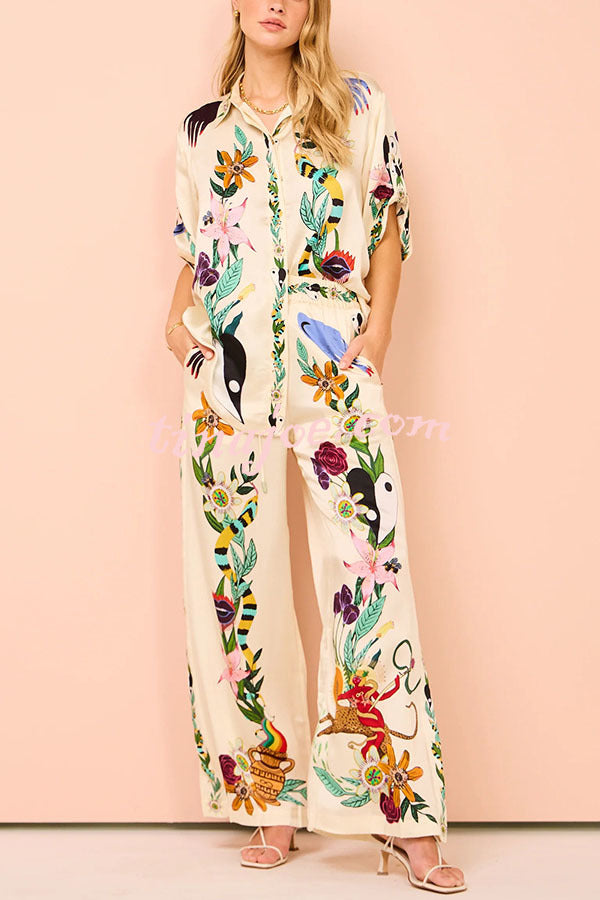 Claire Satin Unique Print Elastic Waist Pocketed Wide Leg Pants