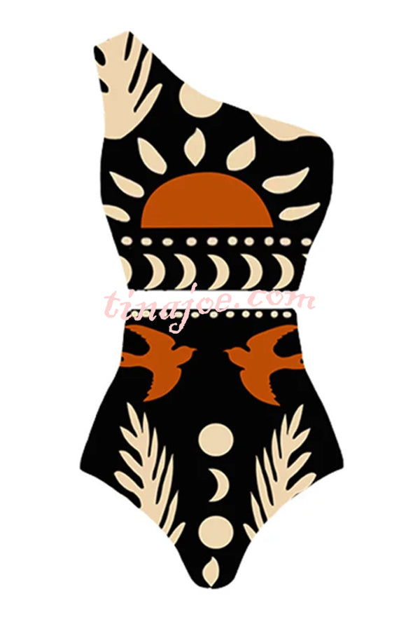 Abstract Art Birds and Sun Print Color Block High Waist Bikini And Skirt
