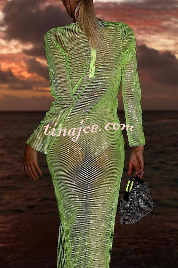 Sparkling Sequin Round Neck Slit See Through Long Sleeve Maxi Dress