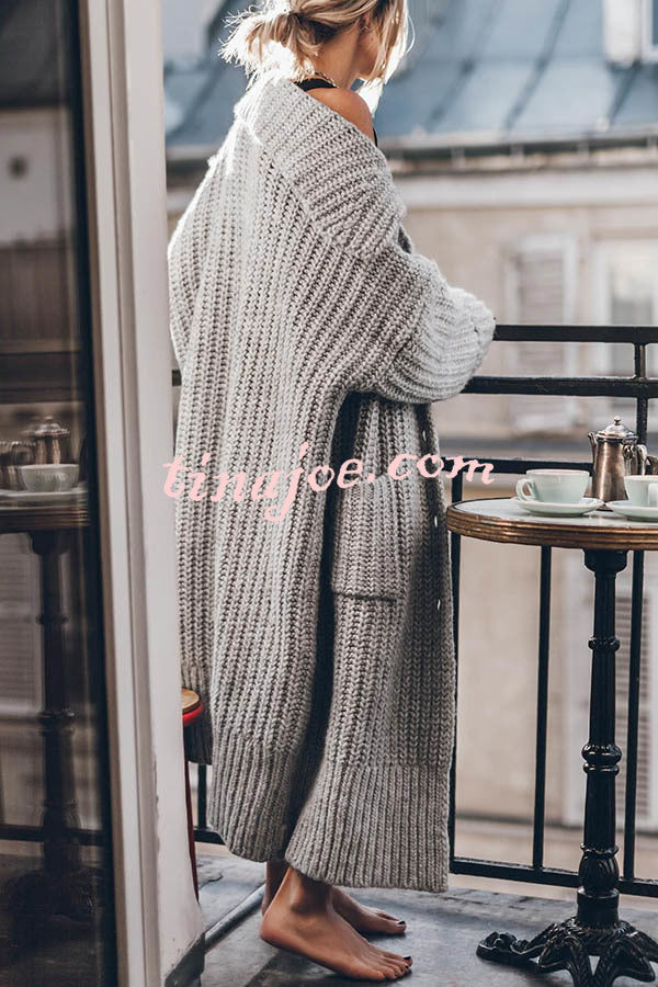 Chunky and Warm Knit Button Pocketed Oversized Midi Cardigan