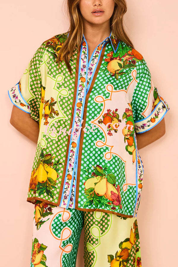 Enjoy Summer Lemon Satin Unique Print Button Down Oversized Blouse