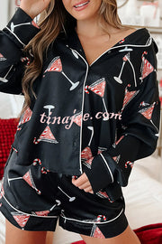 New Year's Eve Fun Ornament Printed Elastic Waist Pocket Pajama Shorts Set