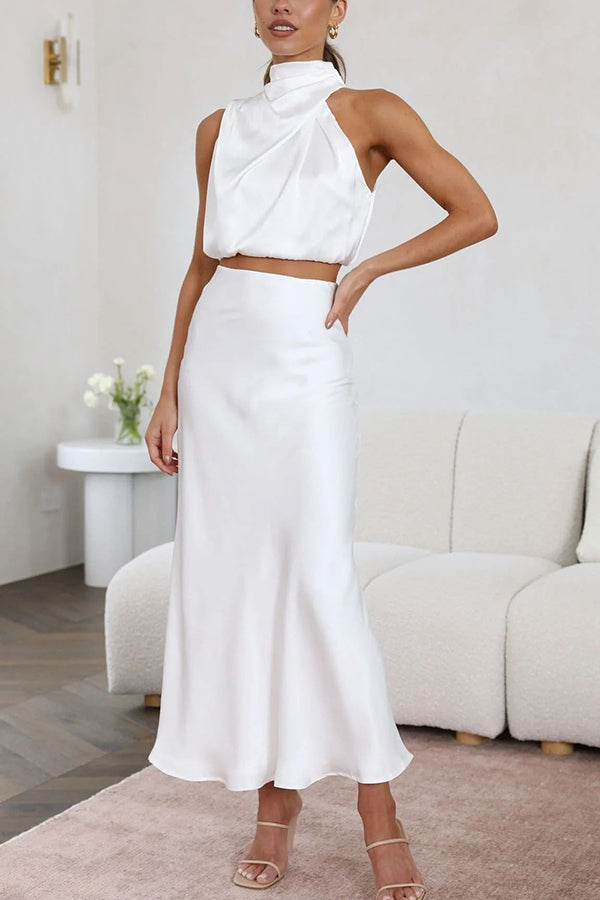 Such A Vibe High Neck Satin Drape Maxi Skirt Set