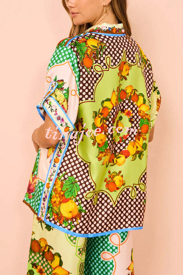 Enjoy Summer Lemon Satin Unique Print Button Down Oversized Blouse