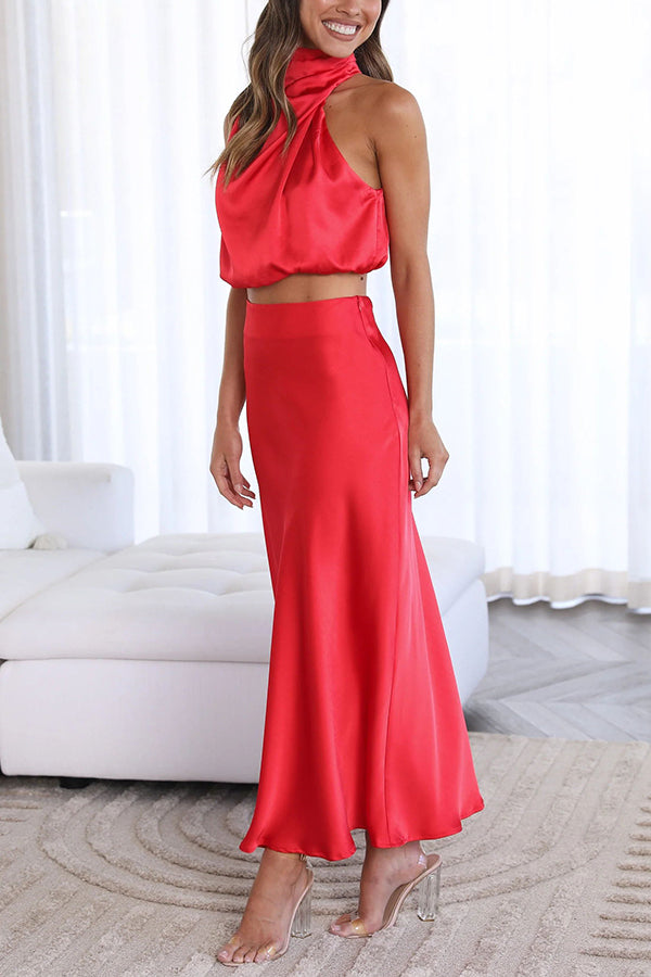 Such A Vibe High Neck Satin Drape Maxi Skirt Set