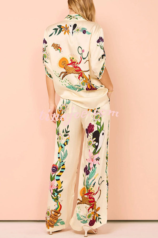 Claire Satin Unique Print Elastic Waist Pocketed Wide Leg Pants