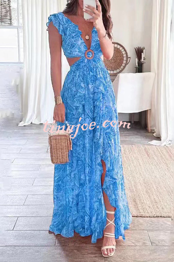 Boldest Bloom Floral Printed Ruffle Sleeve Cutout Maxi Dress