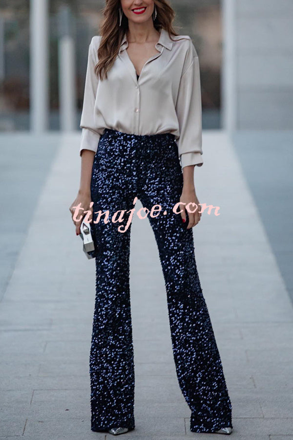 Diva Velvet Sequin High Rise Elastic Waist Flare Pants