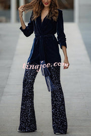 Diva Velvet Sequin High Rise Elastic Waist Flare Pants