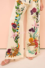 Claire Satin Unique Print Elastic Waist Pocketed Wide Leg Pants