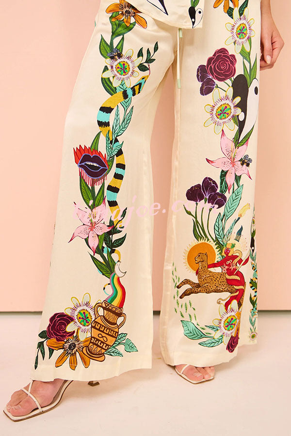 Claire Satin Unique Print Elastic Waist Pocketed Wide Leg Pants