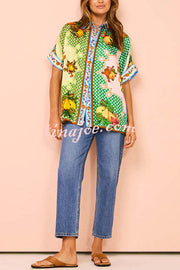 Enjoy Summer Lemon Satin Unique Print Button Down Oversized Blouse