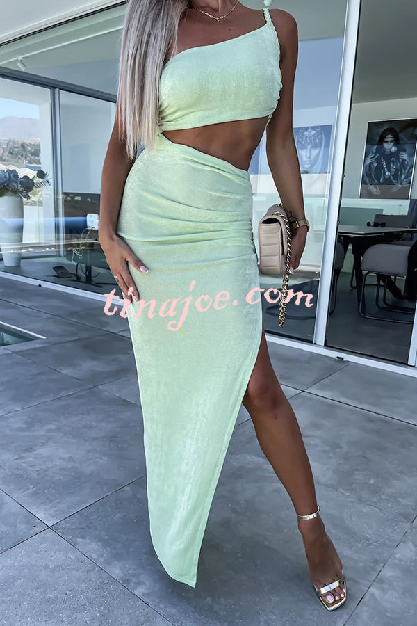 Little Mermaid One Shoulder Cutout Waist Ruched Stretch Maxi Dress