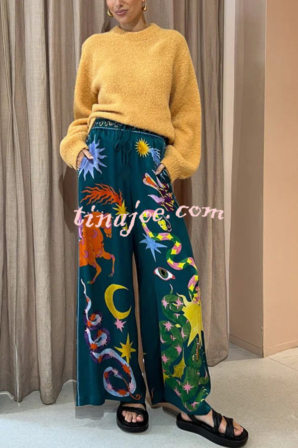 Pierson Linen Blend Unique Print Elastic Waist Pocketed Wide Leg Pants