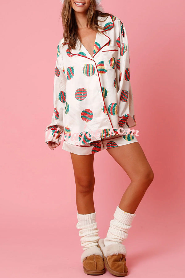 New Year's Eve Fun Ornament Printed Elastic Waist Pocket Pajama Shorts Set