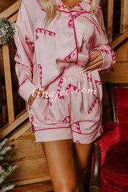 Candy Cane Kisses Satin Printed Elastic Waist Pocket Pajama Shorts Set