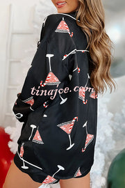 New Year's Eve Fun Martini Printed Elastic Waist Pocket Pajama Shorts Set