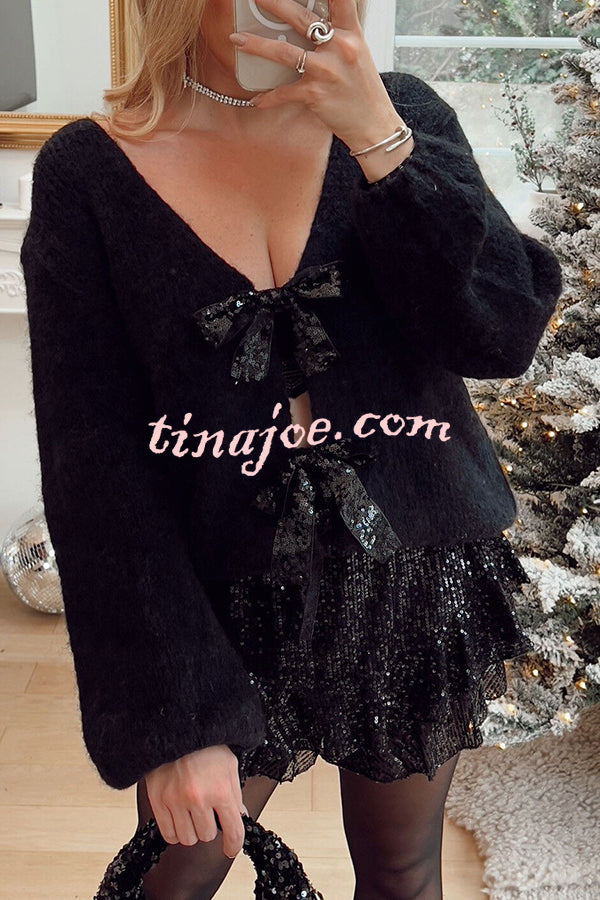 Misty Starlight Tie Front Sequin Bow Loose Sweater