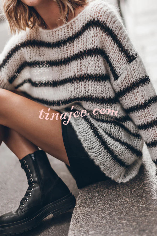 Time for Warmer Layers Fluffy Stripes Relaxed Knit Sweater