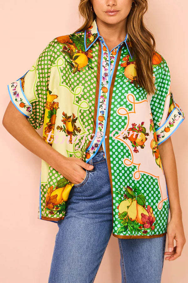 Enjoy Summer Lemon Satin Unique Print Button Down Oversized Blouse