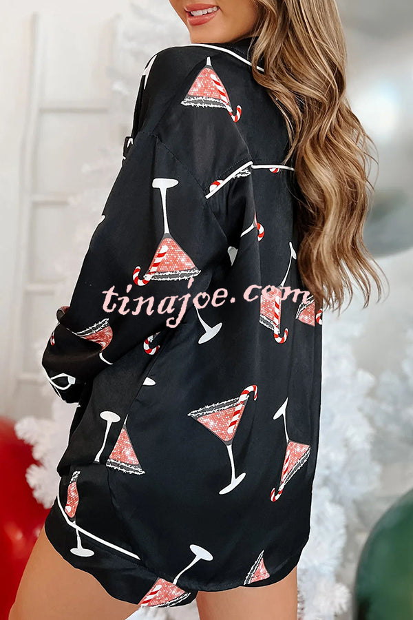 New Year's Eve Fun Ornament Printed Elastic Waist Pocket Pajama Shorts Set
