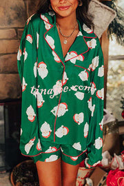 Dear Santa Satin Printed Elastic Waist Pocket Pajama Shorts Set