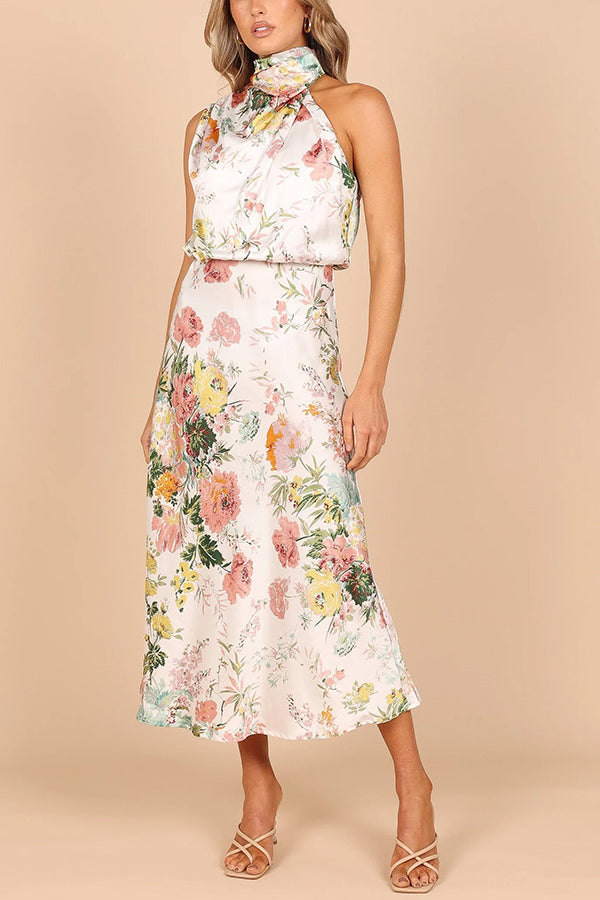 Wine Country Dates Floral Halter Neck Elastic Waist Maxi Dress