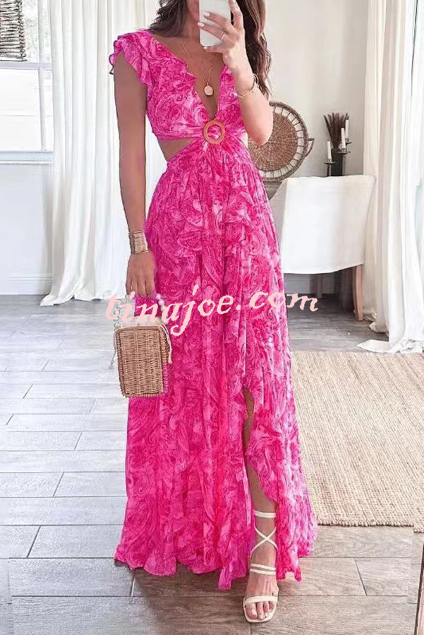 Boldest Bloom Floral Printed Ruffle Sleeve Cutout Maxi Dress