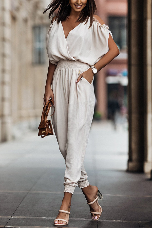 Wonderful Ideas Ruffle Cold Shoulder Jumpsuit