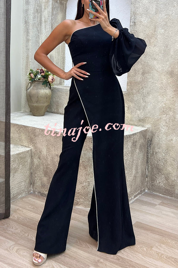 Fashion Diary Asymmetrical Design Diamond Trim One Shoulder Party Jumpsuit