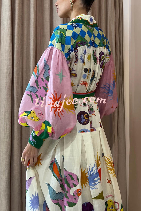 Effortless and Playful Unique Print Balloon Sleeve Shirt Midi Dress