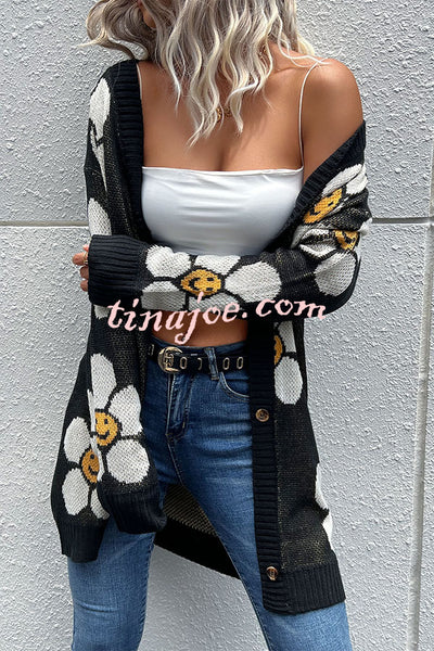 Smiley Floral Print Button Cardigan