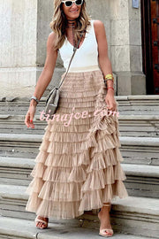 Be Your Own City Queen Tiered Elastic Waist Tulle Maxi Skirt