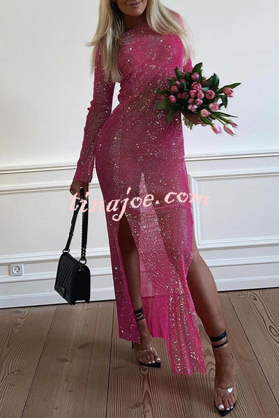 Sparkling Sequin Round Neck Slit See Through Long Sleeve Maxi Dress