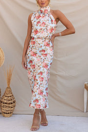 Wine Country Dates Floral Halter Neck Elastic Waist Maxi Dress