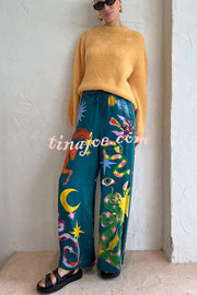 Pierson Linen Blend Unique Print Elastic Waist Pocketed Wide Leg Pants