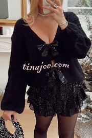 Misty Starlight Tie Front Sequin Bow Loose Sweater