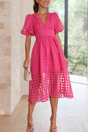 Remarkable Beauty Square Patterned Fabric Puff Sleeve Midi Dress