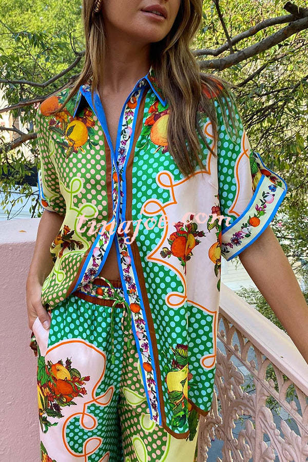 Enjoy Summer Lemon Satin Unique Print Button Down Oversized Blouse